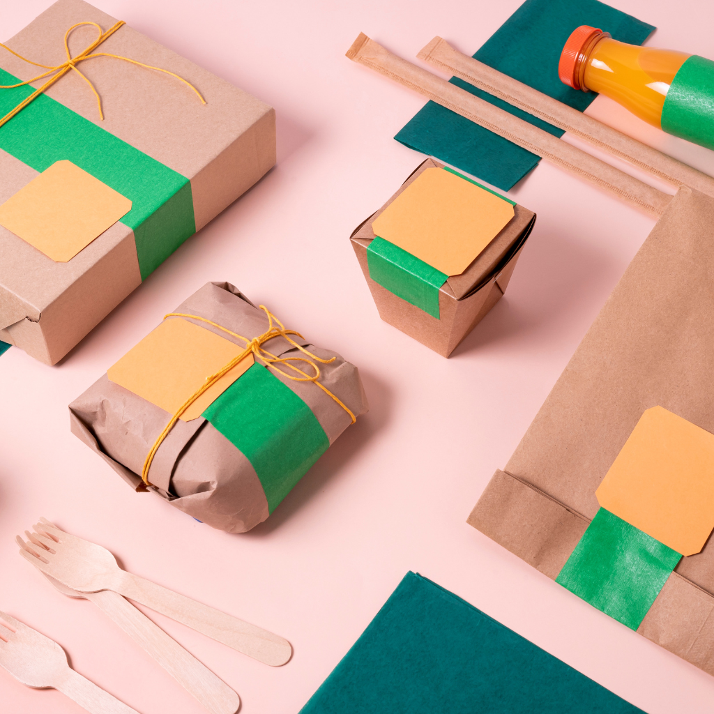 Kraft paper products in a holder